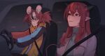  2girls animal_ear_fluff animal_ears black_gloves car driving girls_band_cry gloves hair_between_eyes hakos_baelz heterochromia highres hololive hololive_english irys_(hololive) long_hair lucesamaaa motor_vehicle mouse_ears mouse_girl mouse_tail multicolored_hair multiple_girls pointy_ears red_hair scene_reference streaked_hair tail virtual_youtuber 