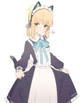  1girl absurdres animal_ear_headphones animal_ears apron aqua_bow aqua_bowtie aqua_ribbon back_bow black_dress black_tail blonde_hair blue_archive blunt_bangs blush bow bowtie cat_ear_headphones cat_ears cat_tail closed_mouth collared_dress commentary contrast_collar dress fake_animal_ears fake_tail frilled_apron frilled_dress frills green_eyes green_halo hair_ribbon halo headphones heart highres long_sleeves looking_at_viewer maid maid_apron maid_headdress medium_hair midori_(blue_archive) midori_(maid)_(blue_archive) millennium_science_school_logo official_alternate_costume official_alternate_hairstyle parted_bangs ponytail puffy_long_sleeves puffy_sleeves ribbon shiratsuki_(user_drrz8742) sidelocks simple_background skirt_hold smile solo tail white_apron white_background white_bow white_headdress 