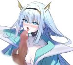  1girl absurdres blue_eyes blush breasts censored collarbone eudie_(shadowverse) hair_between_eyes hair_ornament hairband heavy_breathing highres jacket long_hair looking_at_viewer mamezou_(tzakki023) mosaic_censoring paizuri penis portrait pov shadowverse simple_background small_breasts solo tongue tongue_out white_background 