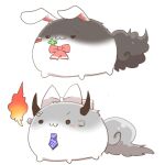  :3 animal_ears bow chibi closed_mouth clover fire four-leaf_clover higuchi_kaede horns lowres mouth_hold necktie nijisanji pink_bow purple_necktie rabbit_ears rebecca_(keinelove) simple_background solid_circle_eyes stalk_in_mouth tsukino_mito virtual_youtuber white_background white_bow 