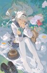  1girl absurdres black_bow black_hairband black_sailor_collar black_shoes black_skirt bow bowtie brown_bag commentary cup english_commentary firefly_(honkai:_star_rail) firefly_(spring_missive)_(honkai:_star_rail) green_bow green_bowtie green_eyes hair_bow hairband highres honkai:_star_rail honkai_(series) loafers long_hair long_sleeves looking_at_viewer no_shoes oak_cake_roll_(honkai:_star_rail) official_alternate_costume one_eye_closed picnic_blanket sailor_collar saturn_(saturn_illus) shirt shoes sitting skirt smile solo teacup teapot thighhighs toes unworn_shoes white_shirt white_thighhighs 