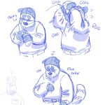 1:1 anthro beard black_ears black_hands black_nose blue_outline breath brown_body brown_fur canid canine clothing dialogue diamond_(marking) drinking elubbb_(p_rindustries) english_text equid equine eyebrows eyes_always_closed eyes_closed eyewear facial_hair frown fur glasses hi_res horse male mammal markings monochrome outline p_rindustries p_rindustries_(p_rindustries) panting question_mark raccoon_dog shirt simple_background standing striped_markings striped_tail stripes stubble sweater tail tail_markings tanuki text thick_eyebrows tongue tongue_out topwear whisker_spots white_background