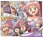  4girls anger_vein apron blue_eyes brown_hair dress english_text explosion flower food high_heels long_hair maid maid_apron maid_headdress multiple_girls open_mouth original pie pink_hair red_hair rose scratches short_hair sound_effects tiara tongue tongue_out tsubobot x 