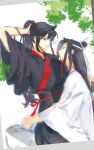  2boys adjusting_hair arm_up bishounen black_hair black_hanfu chinese_clothes chinese_commentary couple eye_contact grey_eyes hair_ribbon hanfu headband high_ponytail highres hug lan_wangji leaf long_hair long_sleeves looking_at_another male_focus modao_zushi mouth_hold multiple_boys parted_lips ponytail red_ribbon ribbon ribbon_in_mouth robe shenzhang10011 sidelocks sitting sitting_on_lap sitting_on_person sketch smile topknot tree very_long_hair wei_wuxian white_hanfu white_headband wide_sleeves xiao_guan_(headdress) yaoi yellow_eyes 