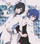  2boys :d animal_ear_headphones animal_ears aqua_eyes argyle_background black_hair black_sweater blue_eyes blue_hair blue_pants buttons cat_ear_headphones cloak closed_mouth commentary_request cowboy_shot devil_survivor_(series) devil_survivor_1 devil_survivor_2 double-parted_bangs eyebrows_hidden_by_hair fake_animal_ears fang gesshoku3 hair_between_eyes hand_up headphones highres holding hood hood_up hooded_jacket in-franchise_crossover jacket locked_arms long_sleeves looking_at_another looking_at_viewer male_focus messy_hair multiple_boys open_mouth outside_border pants pink_pants protagonist_(devil_survivor) protagonist_(devil_survivor_2) rabbit_ears shirt side-by-side sidelocks skin_fang sleeves_rolled_up smile striped_clothes striped_shirt sweater turtleneck white_cloak white_jacket yellow_pupils 