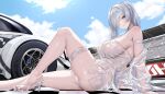  1girl absurdres alternate_costume aoi_sakura_(seak5545) arm_strap arms_behind_back bare_shoulders blue_eyes blush breasts car cinderella_(nikke) closed_mouth day foot_out_of_frame from_side goddess_of_victory:_nikke hair_over_one_eye high_heels highres large_breasts long_hair looking_at_viewer looking_to_the_side motor_vehicle off_shoulder one_eye_covered outdoors race_queen second-party_source see-through_clothes see-through_footwear sitting skindentation smile solo thigh_strap thighs twintails white_hair 