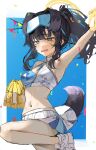  1girl absurdres animal_ears armpits black_hair blue_archive dog_ears dog_girl dog_tail eyewear_on_head facial_tattoo hibiki_(blue_archive) hibiki_(cheer_squad)_(blue_archive) highres holding holding_pom_poms looking_ahead navel official_alternate_costume official_alternate_hairstyle pom_pom_(cheerleading) ponytail sakana_(whhy8883) shoes skirt solo sports_bra star_tattoo sunglasses tail tattoo white_shoes white_skirt white_sports_bra 