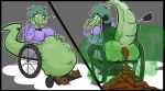 absurd_res anthro baryonyx bottomless bottomless_female cavemanon_studios clothed clothing digestion dinosaur disability fart fart_cloud feces female gamsobart hi_res i_wani_hug_that_gator olivia_halford paraplegic prehistoric_species reptile scalie signature solo spinosaurid theropod vehicle vore wheelchair