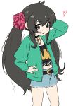  1girl absurdres ahoge belt black_hair child denim denim_skirt grin hair_between_eyes hands_on_own_hips heart highres idolmaster idolmaster_cinderella_girls long_hair matoba_risa midriff_peek nahari_(pfum4557) navel sidelocks simple_background skirt smile twintails white_background yellow_eyes 