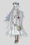  1girl barefoot blue_eyes braid branch concept_art cracked_skin doll_joints dress elden_ring elden_ring_nightreign flower_wreath gold_trim head_wreath highres holding holding_branch jewelry joints long_hair looking_at_viewer low_twin_braids official_art revenant_(elden_ring) solo third-party_source torn_clothes twin_braids veil white_background white_dress white_hair 