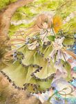  acrylic_paint_(medium) barefoot chinako dress feet flower frilled_dress frills gothic_lolita green_eyes heterochromia lolita_fashion long_hair looking_at_viewer open_mouth red_eyes rozen_maiden solo suiseiseki traditional_media watercolor_(medium) 