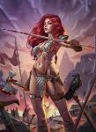  1girl armor arrow_(projectile) axe bikini_armor bird blood blood_on_weapon breasts brown_gloves crow douglas_bicalho dual_wielding gloves highres holding holding_axe holding_sword holding_weapon long_hair looking_at_viewer navel planted planted_polearm polearm red_sonja red_sonja_(comics) small_breasts solo sword weapon 