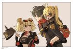  1boy 2girls ahoge black_helmet black_jacket black_tube_top blonde_hair blush burnice_white carrying combat_helmet eyewear_on_head fur-trimmed_shorts fur_trim gloves half_gloves helmet highres holding_unworn_helmet jacket leather leather_jacket lighter_(zenless_zone_zero) long_sleeves luciana_de_montefio micro_shorts multiple_girls open_clothes open_jacket pickelhaube piggyback popochi_fuwa red-tinted_eyewear red_eyes red_scarf scarf shorts shoulder_spikes side_ponytail spiked_jacket spikes strapless sunglasses sweat tinted_eyewear tube_top twitter_username unworn_headwear unworn_helmet zenless_zone_zero 