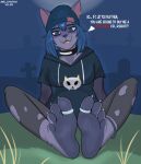 4_toes alternative_fashion anklet anthro barefoot beanie blue_clothing blue_eyes blue_hair blue_hoodie blue_topwear cemetery choker clothing dialogue digit_ring domestic_cat ear_piercing ear_ring english_text fangs feet felid feline felis female foot_fetish foot_focus freckles goth grass hair hat headgear headwear hoodie innocent_expression jewelry looking_at_viewer mammal melonvino necklace night norrigan_(melonvino) piercing plant plantigrade print_clothing print_hoodie print_topwear purple_body ring ring_piercing signature smile solo teasing teasing_viewer teeth text toe_ring toes topwear