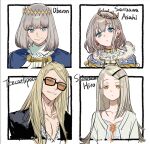  2boys 2girls black_jacket blonde_hair blue_cloak blue_eyes camisole cape cardigan cloak collar collared_shirt colored_eyelashes crown diamond_hairband earrings fate/grand_order fate_(series) flipped_hair frilled_collar frills fur-trimmed_cape fur-trimmed_cloak fur_trim gakuen_idolmaster grey_hair hair_ornament hairclip heart heart_earrings highres idolmaster idolmaster_shiny_colors jacket jewelry long_hair looking_at_viewer medium_hair multiple_boys multiple_girls oberon_(fate) orange-tinted_eyewear orange_eyes raychelsoo serizawa_asahi shinosawa_hiro shirt smile sunglasses tezcatlipoca_(fate) tinted_eyewear v-neck white_camisole white_cardigan white_shirt 