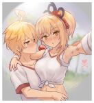  1boy 1girl aether_(genshin_impact) ahoge arm_around_shoulder arm_tattoo bandaged_wrist bandages blonde_hair blush breasts closed_mouth commentary english_commentary genshin_impact gym_shirt hair_ornament hetero highres large_breasts looking_at_viewer midriff navel orange_eyes parted_lips red_trim selfie shirt sweat tattoo tied_shirt valenthania white_shirt yellow_eyes yoimiya_(genshin_impact) 