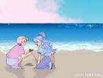  2girls beach blonde_hair blue_hair blue_pants blue_shirt blue_sky braid brown_jacket closed_eyes clothes_around_waist cloud collared_shirt colored_tips commentary_request copyright_notice day full_body hair_bun half_up_braid high_ponytail hololive hololive_dev_is hololive_indonesia jacket jacket_around_waist kneehighs kneeling kobo_kanaeru long_hair looking_at_another mary_janes multicolored_hair multiple_girls ocean official_art onisan611 open_mouth outdoors pants partially_unbuttoned pink_shirt pink_socks ponytail purple_hair shirt shoes short_hair short_shorts short_sleeves shorts sky smile sneakers socks split_ponytail squatting streaked_hair todoroki_hajime two-tone_hair virtual_youtuber wavy_hair white_hair white_shoes white_shorts 