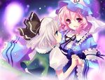  blue_eyes blush dress hair_ribbon hairband hat holding_hands interlocked_fingers konpaku_youmu konpaku_youmu_(ghost) kosuzume multiple_girls pink_eyes pink_hair ribbon saigyouji_yuyuko short_hair silver_hair smile touhou yuri 