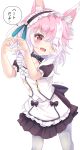  1girl ;d animal_ear_fluff animal_ears apron black_dress black_hairband blue_protocol character_request commentary_request dress fang feet_out_of_frame frilled_apron frilled_hairband frills grey_pantyhose hair_over_one_eye hairband hands_up heart heart_hands highres maid multicolored_hair one_eye_closed pantyhose pink_hair puffy_short_sleeves puffy_sleeves red_eyes short_sleeves sills simple_background smile solo standing translation_request twitter_username two-tone_hair waist_apron white_apron white_background white_hair 
