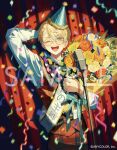  1boy :d blonde_hair blue_eyes blue_hair blurry bouquet commentary_request confetti copyright_notice depth_of_field flower glasses hat hibachi_mana holding holding_bouquet male_focus microphone multicolored_hair nijisanji official_art orange_flower party_hat round_eyewear sample_watermark shirt smile solo spotlight streaked_hair streamers teeth tongue ugonba_(howatoro) upper_teeth_only virtual_youtuber watermark white_shirt yellow_flower 