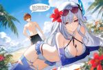  1boy 1girl beach between_breasts bikini black-framed_eyewear blue_bikini blue_eyes blue_gloves blue_sky blue_thighhighs breast_strap breasts chest_strap cleavage closed_mouth cloud cloudy_sky collarbone elbow_gloves english_text eyewear_on_head facing_viewer feather_hair_ornament feathers flower genshin_impact gloves grey_hair hair_between_eyes hair_flower hair_ornament hand_on_own_hip hip_strap kitera knife large_breasts long_hair looking_at_viewer lying male_swimwear navel ocean on_side orange_hair palm_tree red_eyes red_flower skirk_(genshin_impact) sky smile speech_bubble standing swim_trunks swimsuit tartaglia_(genshin_impact) teeth thighhighs tree very_long_hair 