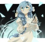  1girl 37_(reverse:1999) black_background blue_eyes blue_hair daku_k dress hair_between_eyes halftone halftone_background hands_up highres holding holding_instrument holding_stick instrument juliet_sleeves letterboxed long_hair long_sleeves looking_up music official_alternate_costume outside_border playing_instrument puffy_sleeves reverse:1999 smile solo stick triangle triangle_(instrument) upper_body very_long_hair white_dress 