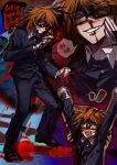  1boy absurdres black_eyes black_jacket blood blood_on_face blood_on_ground blood_on_hands blood_on_knife brown_hair english_text fang glasses gloves grin highres holding holding_knife imnotrlup jacket knife licking_lips male_focus medium_hair multiple_views nosebleed randal&#039;s_friends randal_ivory smile tongue tongue_out white_gloves 