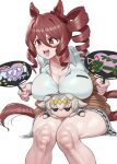  1girl animal_ears blush breast_press breasts brown_cardigan brown_eyes brown_hair brown_tail button_gap cardigan character_doll cleavage collared_shirt doll drill_hair drill_ponytail drill_sidelocks gyaru hair_between_eyes hand_fan highres holding holding_fan horse_ears horse_girl horse_tail huge_breasts knees_together_feet_apart long_hair long_hair_between_eyes maruko_tooto norn_ace_(umamusume) oguri_cap_(umamusume) open_collar open_mouth paper_fan pleated_skirt shirt side_ponytail sidelocks simple_background sitting skirt smile stuffed_toy tail thighs uchiwa umamusume umamusume:_cinderella_gray white_background white_shirt white_skirt 