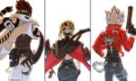  1girl 2boys anton_ivanov belt billy_kid black_coat black_gloves black_pants black_shirt blonde_hair coat cowboy_shot cyborg evelyn_chevalier from_behind gloves gun half_gloves headband high-waist_pants highres himuronanart holding holding_gun holding_weapon humanoid_robot jacket multicolored_hair multiple_boys pants red_jacket ring_hair_ornament robot robot_boy shirt single_half_glove spiked_hair striped_headband tight_clothes tight_pants two-tone_hair weapon white_hair white_jacket white_pants yellow_headband zenless_zone_zero 