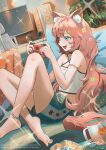  1girl adversarial_noise animal_ear_fluff animal_ears anklet aqua_eyes aqua_nails bag bag_of_chips barefoot black_choker blanket breasts brown_hair cat_ears cat_girl cat_tail chair choker chromatic_aberration cleavage coffee_mug commentary computer computer_tower couch crop_top crossed_ankles cup desk double-parted_bangs dutch_angle english_commentary fangs feet fingernails fluffy_hair full_body gaming_chair hair_ornament halterneck handheld_game_console hands_up headphones highres holding holding_handheld_game_console indoors jewelry large_breasts long_hair looking_at_screen midriff monitor mug multicolored_shorts nail_polish navel on_couch open_bag open_mouth original pillow plant playing_games potted_plant print_mug print_shorts reclining shirt shorts signature smile solo sparkle swivel_chair tail tongue tsukimoritsuki unworn_headphones very_long_hair white_shirt 