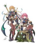  2girls armor black_armor black_dress blonde_hair bob_cut breasts crossed_legs dress fishnet_thighhighs fishnets full_body highres kamura_(armor) large_breasts long_hair monster_hunter_(series) monster_hunter_rise multiple_girls mythra_(xenoblade) pyra_(xenoblade) red_eyes red_hair red_thighhighs sandals short_hair signature simple_background single_bare_shoulder sitting sofusan1526 sword sword_on_back thighhighs weapon weapon_on_back white_background xenoblade_chronicles_(series) xenoblade_chronicles_2 yellow_eyes 