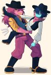  1girl 1other absurdres aqua_skin belt black_boots black_hat blue_hair bobamiruku boots colored_skin colored_teeth cowboy cowboy_hat deltarune furry furry_female hat highres jojo_no_kimyou_na_bouken jojo_pose knee_boots kris_(dark_world)_(deltarune) kris_(deltarune) kris_(ralsei_rancher)_(deltarune) official_alternate_costume pink_skin ralsei red_eyes reptile_girl sharp_teeth shirt short_hair simple_background smile spurs steel_ball_run susie_(dark_world)_(deltarune) susie_(deltarune) susie_(ralsei_rancher)_(deltarune) teeth vest yellow_teeth 
