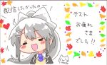  1girl :d =_= black_jacket blazer blush_stickers bow brown_sweater chibi closed_eyes collared_shirt facing_viewer grey_hair hair_bow hair_ornament hairclip higuchi_kaede higuchi_kaede_(1st_costume) jacket long_hair necktie nijisanji open_clothes open_jacket ponytail purple_necktie rebecca_(keinelove) school_uniform shirt smile solo sweater translation_request upper_body very_long_hair virtual_youtuber white_background white_bow white_shirt 