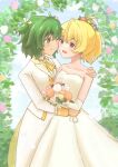  2girls ;) adapted_costume ahoge ando_tazusa antenna_hair arm_around_shoulder ascot assault_lily bare_shoulders blonde_hair blue_sky blush bouquet bride cheek-to-cheek closed_mouth cloud collarbone collared_shirt commentary_request cowboy_shot day dress elbow_gloves eye_contact falling_feathers feathers flower gloves green_eyes green_hair hair_flower hair_ornament hand_on_another&#039;s_shoulder hand_on_another&#039;s_waist hands_up heads_together highres holding holding_bouquet jacket looking_at_another marukame_ten multiple_girls one_eye_closed open_clothes open_jacket orange_ascot orange_flower outdoors pant_suit pants parted_lips pink_flower ponytail ribbon shirt short_hair sky smile standing strapless strapless_dress suit two_side_up wedding_dress white_dress white_flower white_gloves white_jacket white_pants white_shirt white_suit yellow_flower yellow_ribbon yoshimura_thi_mai yuri 
