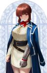  1girl belt blue_coat blue_sash blunt_bangs blush bow breasts brown_belt brown_hair closed_mouth coat coat_on_shoulders cowboy_shot dress eyelashes gauntlets gold_trim highres isabeau_(megami_tensei) lips long_sleeves looking_at_viewer medium_breasts medium_hair mikan_zakuro nail_polish red_bow red_eyes red_nails sash shin_megami_tensei shin_megami_tensei_iv short_dress sidelocks solo white_dress 