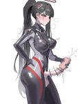  1girl absurdres artificial_vagina ass bar_censor black_hair blue_archive blunt_bangs blush bodysuit breasts censored commentary_request covered_nipples cum ejaculation erection futanari futanari_masturbation halo hand_on_own_hip highres long_hair masturbation medium_breasts ookiniku open_mouth penis ponytail red_eyes rio_(blue_archive) rio_(bodysuit)_(blue_archive) sex_toy simple_background solo sweat testicles white_background 