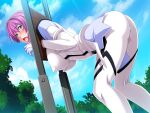  1girl aqua_eyes ass bdsm bent_over blush bodysuit bondage bound breasts cloud covered_nipples day game_cg gentle_sasaki hanging_breasts impossible_bodysuit impossible_clothes large_breasts looking_at_viewer non-web_source official_art open_mouth outdoors pillory prism_reica purple_hair restrained shindou_hatsune short_hair skin_tight sky solo soukou_senki_prism_reica stationary_restraints stuck through_wall tree variant_set white_bodysuit 