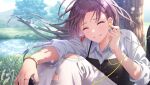  1boy 1girl asakura_toru blue_shirt blush bracelet closed_eyes denim earrings foxtail grass idolmaster idolmaster_shiny_colors jeans jewelry long_hair long_sleeves official_art pants producer_(idolmaster) ring river shirt solo torn_clothes torn_jeans torn_pants tree 