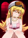  bakemonogatari blonde_hair doughnut dress food goggles goggles_on_head hayashi_custom long_hair monogatari_(series) mouth_hold oshino_shinobu pointy_ears solo strap_slip window yellow_eyes 