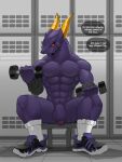 2022 3:4 abs absurd_res anthro bakugan blush bottomwear clothed clothing digital_media_(artwork) dragon dumbbell english_text exercise flaccid footwear genitals hi_res holding_dumbbell holding_object horn humanoid_genitalia humanoid_penis male mostly_nude muscular muscular_anthro muscular_male mythological_creature mythological_scalie mythology pantsless pecs penis percival_(bakugan) purple_body purple_penis red_eyes scalie sellon shoes shorts sitting sneakers socks solo spread_legs spreading text thought_bubble topless topless_anthro topless_male weightlifting weights workout yellow_horn