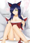  ahri animal_ears bare_legs bare_shoulders blue_hair breasts cleavage collarbone detached_sleeves fox fox_tail heart korean_clothes large_breasts league_of_legends long_hair looking_at_viewer multiple_tails one_eye_closed panties sitting solo tail tonnelee underwear white_panties yellow_eyes 