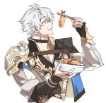  1boy antenna_hair armor black_choker black_gloves black_shirt blue_eyes bowl chewing choker chu_asdf coat commentary_request crumbs fingerless_gloves food gloves highres holding holding_bowl honkai:_star_rail honkai_(series) korean_commentary male_focus parted_bangs pauldrons phainon_(honkai:_star_rail) shirt short_hair shoulder_armor simple_background single_glove single_pauldron solo tempura white_background white_coat white_hair 