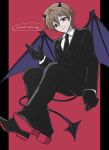  1boy alternate_costume black_gloves black_jacket black_necktie black_pants black_shoes black_suit blue_eyes brown_hair collared_shirt crossed_legs demon_boy demon_horns demon_tail demon_wings dress_pants dress_shoes english_text full_body gloves hand_up highres horns jacket male_focus necktie ohuman oliver_fog outside_border pants pillarboxed red_background reverse:1999 shirt shoes short_hair solo speech_bubble suit suit_jacket tail white_shirt wings 