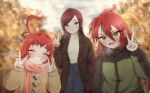  3girls :d antenna_hair autumn_leaves blush breath brown_coat casual closed_eyes closed_mouth cloud cloudy_sky coat color_connection cornrows denim double_v duffel_coat green_eyes green_jacket grin hair_between_eyes hair_color_connection hair_down hair_intakes high_collar highres jacket jeans kimi_no_koto_ga_dai_dai_dai_dai_daisuki_na_100-nin_no_kanojo kusanochika leaf long_hair long_hair_between_eyes long_sleeves looking_at_viewer multiple_girls one_side_up orange_eyes orange_scarf outdoors pants parted_bangs red_hair scarf short_hair sidelocks single_hair_intake sky smile sweater teeth thick_eyebrows tomogara_saki torotoro_kishika tree turtleneck turtleneck_sweater upper_teeth_only v v-shaped_eyebrows white_sweater yakuzen_kusuri 