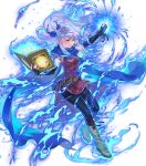  1girl alternate_eye_color attack aura blue_eyes blue_fire blue_headband book breasts fingerless_gloves fire fire_emblem fire_emblem:_radiant_dawn fire_emblem_engage fire_emblem_heroes gloves headband highres holding holding_book medium_breasts micaiah_(emblem)_(fire_emblem) micaiah_(fire_emblem) non-web_source official_alternate_eye_color official_art open_book pantyhose scarf solo suzuki_rika white_hair 
