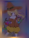  akina_(schism) alternate_costume arms_behind_back bad_id bad_pixiv_id blonde_hair blush_stickers broom flandre_scarlet hat solo touhou wings witch_hat 