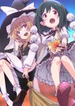  2girls absurdres ajapar apron bloomers blush bow braid broom brown_hair commentary_request cosplay dress fang frilled_skirt frills green_hair hair_bow hand_fan hat hat_bow hauchiwa highres holding holding_broom holding_fan kirisame_marisa kirisame_marisa_(cosplay) konoe_kanata looking_at_viewer love_live! love_live!_nijigasaki_high_school_idol_club mifune_shioriko multiple_girls neck_ribbon open_mouth pom_pom_(clothes) purple_eyes red_eyes ribbon shameimaru_aya shameimaru_aya_(cosplay) shirt shoes short_hair short_sleeves side_braid sidelocks single_braid skin_fang skirt sky smile tokin_hat touhou white_shirt witch_hat 