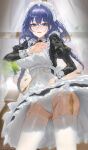  1girl absurdres apron ass_visible_through_thighs black_dress blue_eyes blue_hair blush braid breasts dress embarrassed frilled_dress frilled_wrist_cuffs frills furrowed_brow garter_straps groin highres hololive hololive_english juliet_sleeves large_breasts long_hair long_sleeves looking_at_viewer low_twin_braids maid maid_apron maid_headdress motion_blur ouro_kronii ouro_kronii_(maid) panties pantyshot pocket_watch puffy_sleeves shalink solo thighhighs twin_braids underwear virtual_youtuber watch wavy_mouth weapon_in_legwear white_apron white_garter_straps white_panties white_thighhighs wind wind_lift wrist_cuffs 