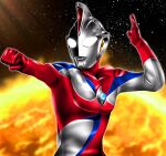  1boy alien blue_skin bluesky_username blurry blurry_background clenched_hand color_timer colored_skin commentary compound_eyes dorsal_fin fighting_stance forehead_jewel gem glowing glowing_eyes hand_up hanejidyna86 highres looking_ahead male_focus multicolored_skin outstretched_arm pectorals red_gemstone red_skin silver_skin sky solo space star_(sky) starry_sky starry_sky_background sun tokusatsu toned toned_male ultra_series ultraman_cosmos ultraman_cosmos_(corona_mode) ultraman_cosmos_(series) upper_body white_eyes wrinkled_skin 