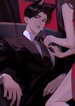  1boy 1girl absurdres aegyo_sal animal_ears back black_eyes black_hair black_jacket black_necktie black_suit brown_hair cat_ears cigarette couch earrings hand_on_another&#039;s_chest highres jacket jewelry long_hair looking_at_viewer male_focus necktie nose on_couch original parted_bangs parted_lips shirt short_hair sitting suit toscana20460423 white_shirt 
